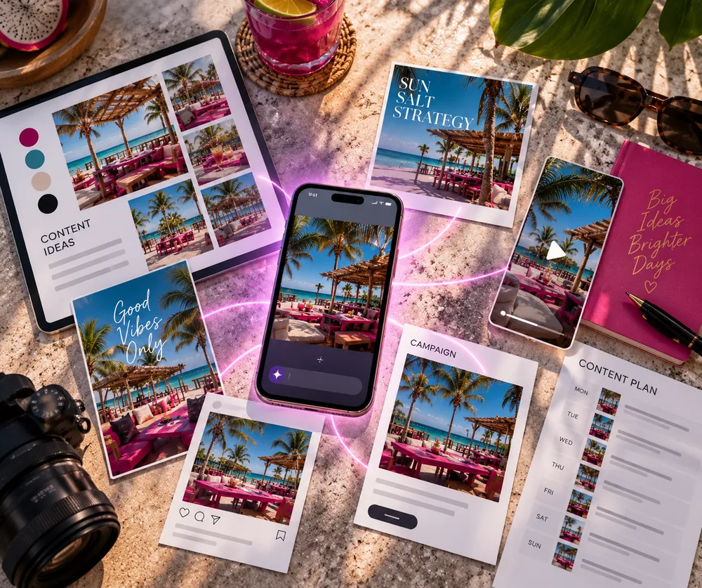 Phone and tablet showing AI-generated content plans and campaign mockups for a Curaçao business