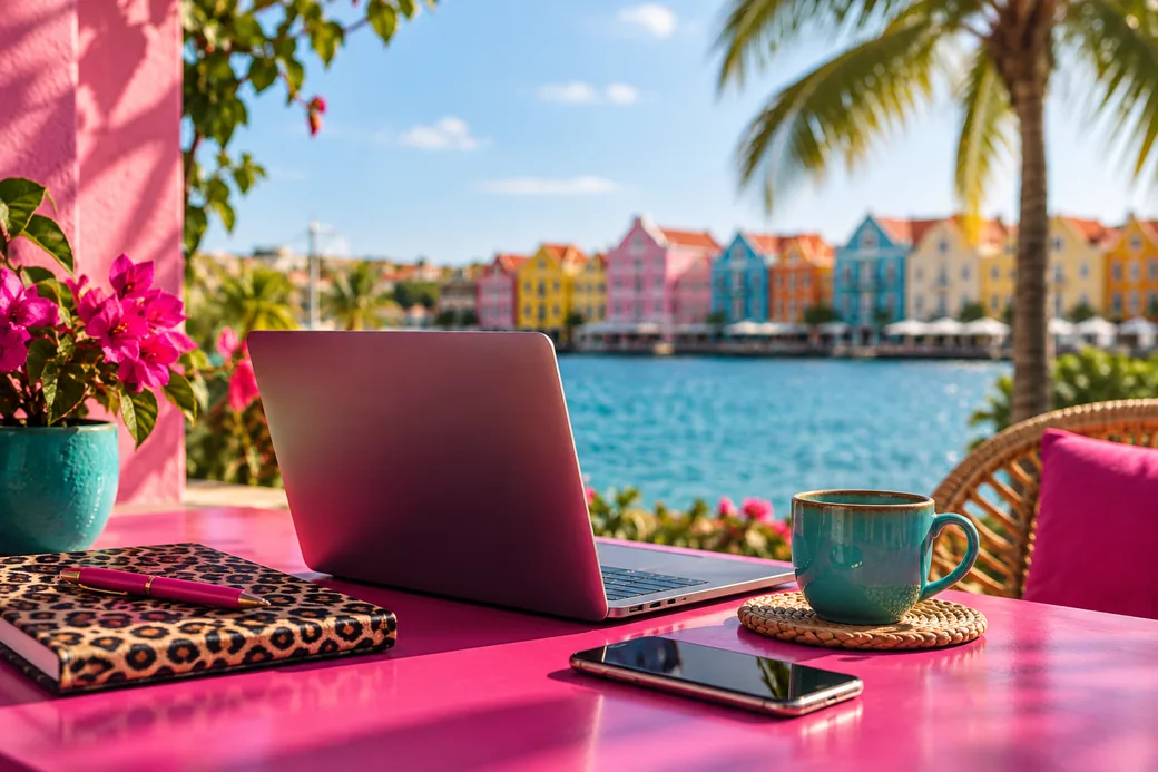 Working on AI marketing with a view of the colourful waterfront in Willemstad, Curaçao