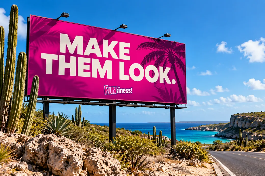 Een FUNkiness! billboard langs de kustweg op Curaçao: Make them look.