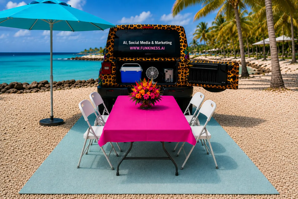 FUNkiness! mobiel kantoor: Jeep met panterprint en vergadertafel op het strand van Curaçao