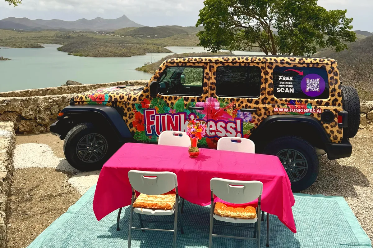 FUNkiness! mobile office on Curaçao: panther print Jeep with a pink meeting table and flowers, overlooking the bay and the hills