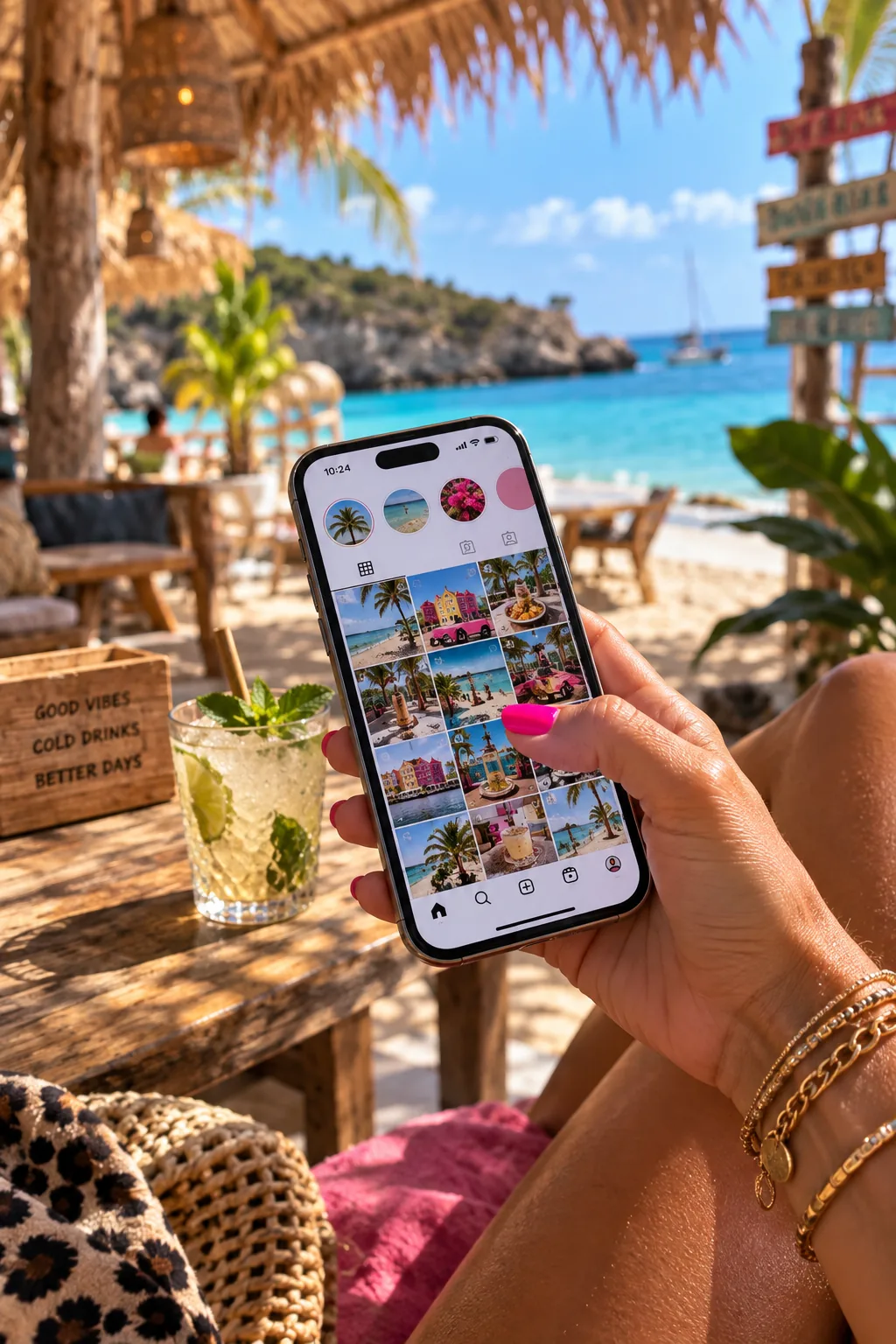 Instagram checken op het strand op Curaçao